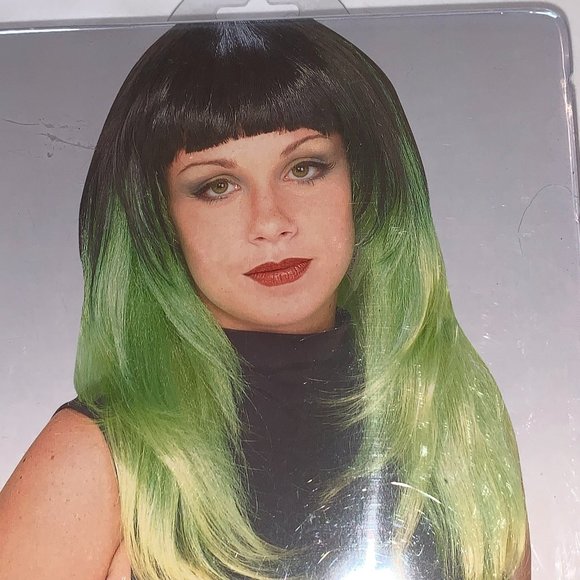Rubie's Lime Delight Tri-Color Long Hair Wig Black Green & Yellow New Old Stock - Picture 5 of 6